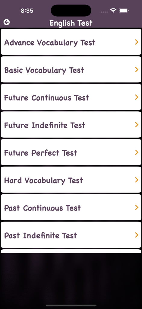 English Bolna Sikhe Test Quiz - English Bolna Sikheアプリのメニュー画面で、様々な語彙と文法のテストカテゴリが表示されています