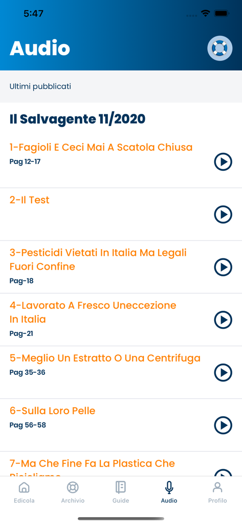 Audio articles list in the il Salvagente consumer advocacy app.