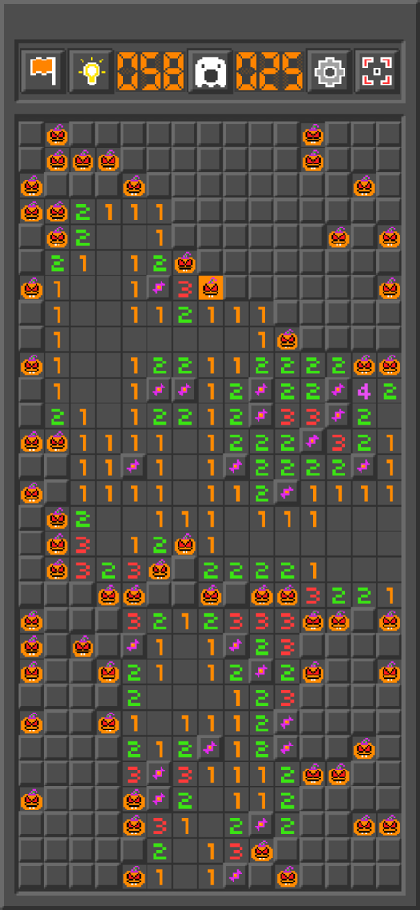 Minesweeper Classic: Retro - Écran de jeu Démineur Classique Rétro présentant un thème Halloween avec des icônes de citrouille