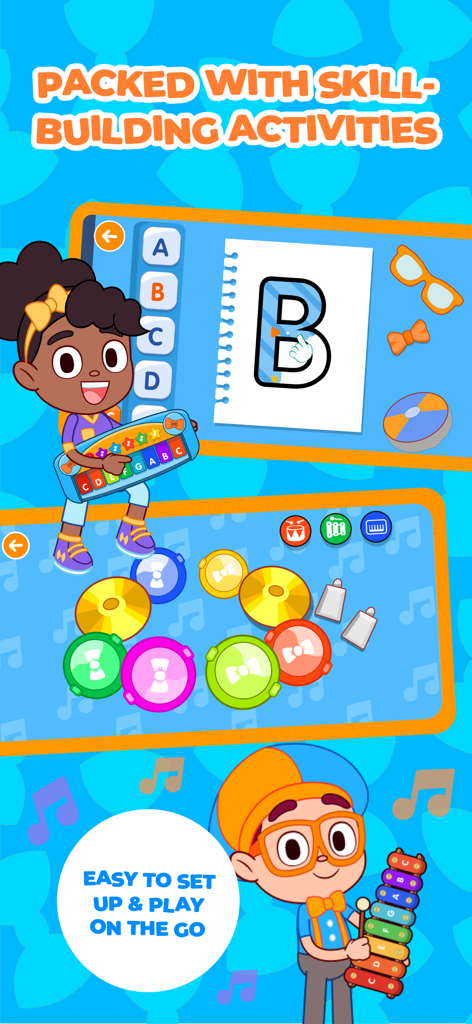 Blippi's Curiosity Club - Los personajes Blippi y Meekah mostrando trazos del alfabeto y juegos de instrumentos musicales en la aplicación