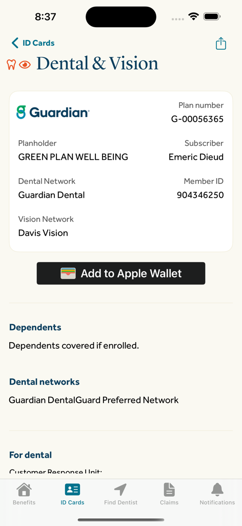 Guardian Dental and Vision app ID card screen showing plan details and Add to Apple Wallet button.