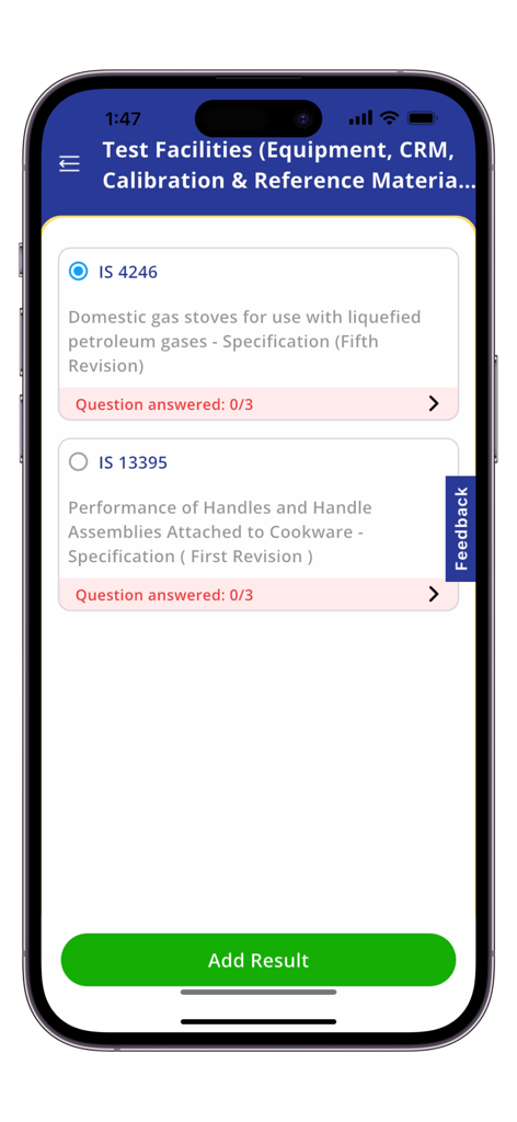 BIS Lab Audit - BIS Lab Audit interface showing test facility standards and audit progress
