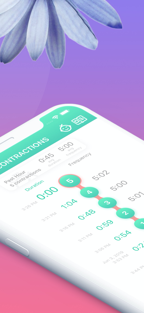 Contraction Timer & Counter 9m - Un smartphone que muestra la interfaz de la aplicación Contraction Timer and Counter 9m con datos de duración y frecuencia de las contracciones de parto