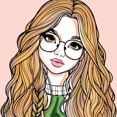 girl with long hair and freckles and glasses realistic