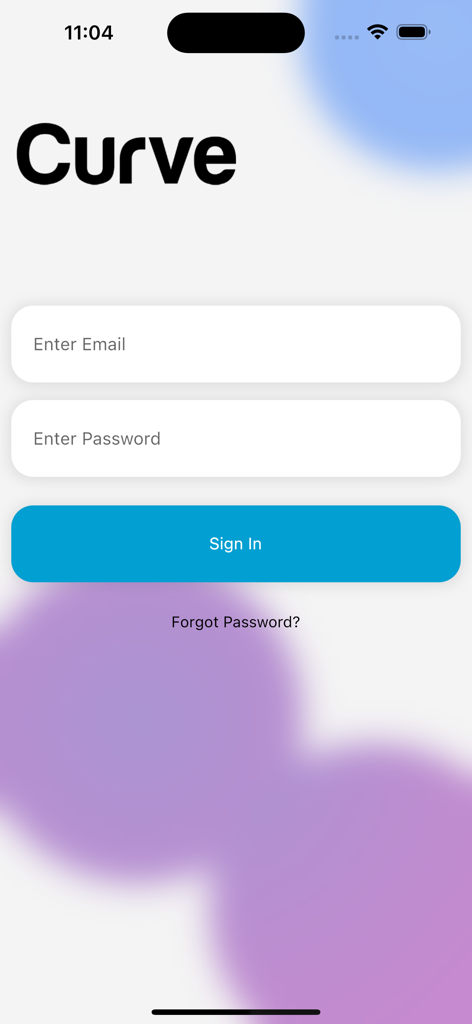 Login screen of the Curve Royalties mobile app with email and password input fields and a sign in button