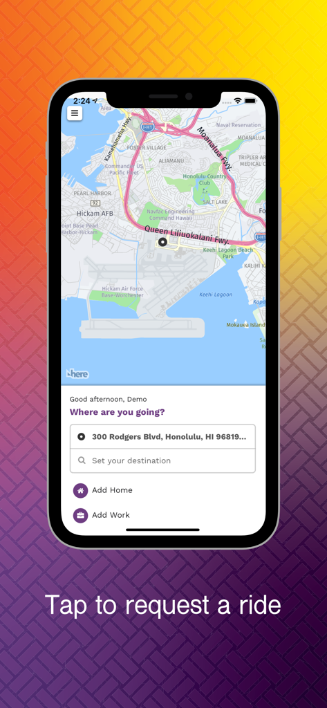 holoholo Mobility - Holoholo Mobility app interface showing a map of Honolulu and a destination search field to request a ride.