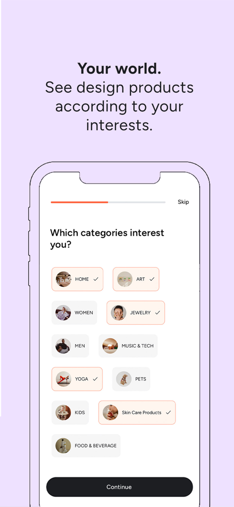 Der Interessen-Auswahlbildschirm der Hipicon-App für personalisierte Designempfehlungen