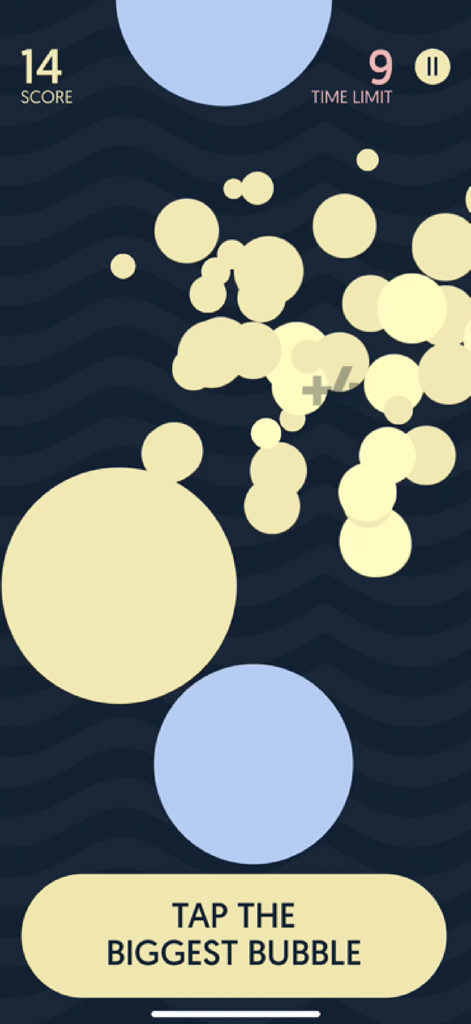 Dream Bubblez game interface with bubbles and a prompt to tap the biggest one