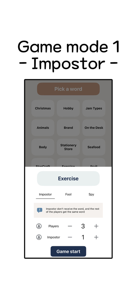 Pantalla de configuración del juego para el modo Impostor que muestra categorías de palabras y ajustes de jugador