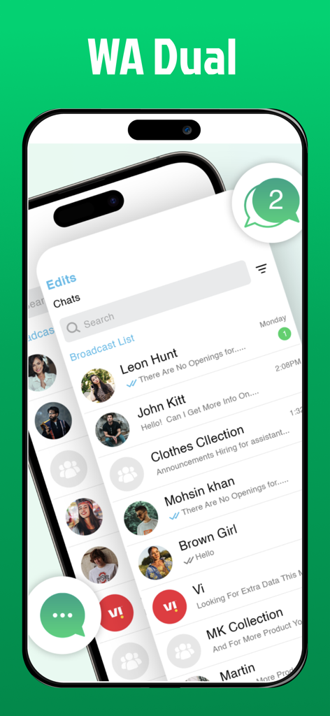 Messanger Duo For WA Chat 2025 - Pantalla de iPhone que muestra la lista de chats de la aplicación de mensajería dual de WA y el icono de cuenta dual
