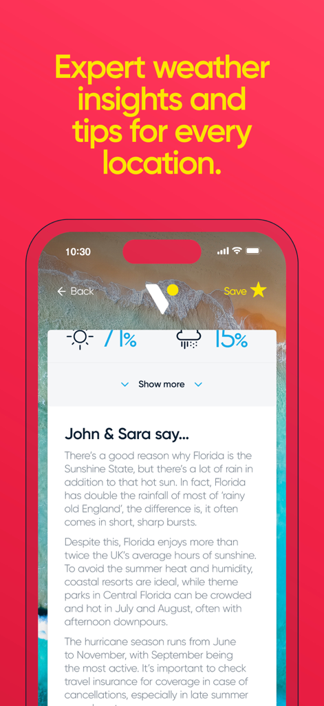 Vacay Weather - Una pantalla de aplicación móvil que muestra consejos climáticos y perspectivas meteorológicas expertas para Florida en Vacay Weather