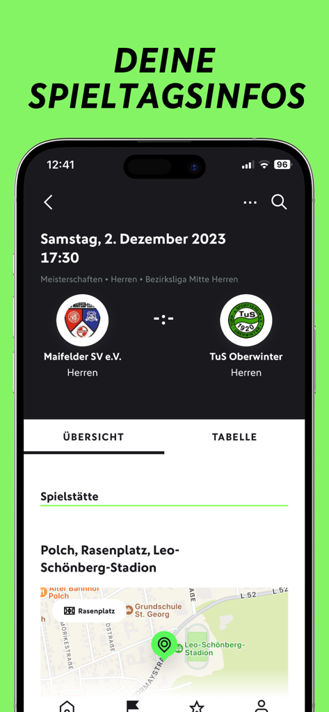 FUSSBALL.DE - 아마추어 축구 경기 세부 정보 및 경기장 지도를 보여주는 FUSSBALL.DE 앱 경기일 화면