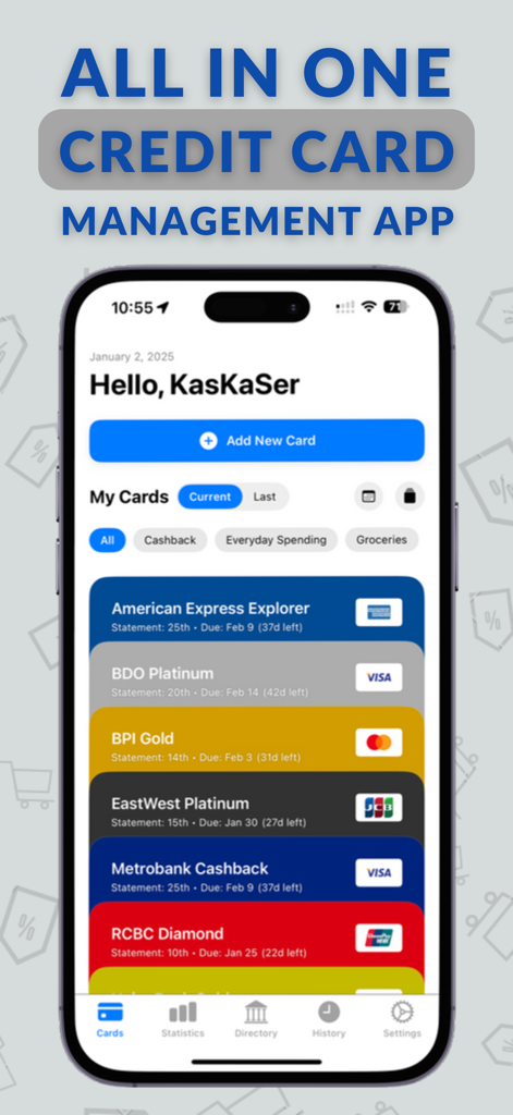 Dashboard of the KasKas Savvy app showing a list of managed credit cards with payment due dates and statement reminders.