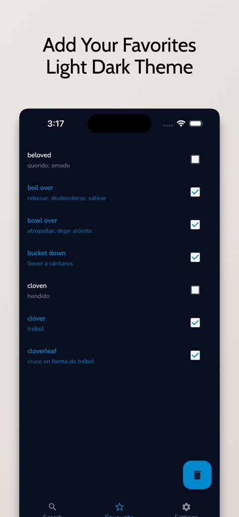 Spanish English Dictionary Box - Interfaz de la aplicación Diccionario Español Inglés mostrando una lista de palabras favoritas en tema oscuro