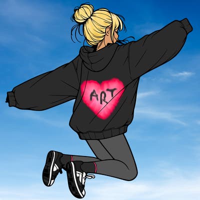 realistic girl jumping with a bun and oversized sweatshirt