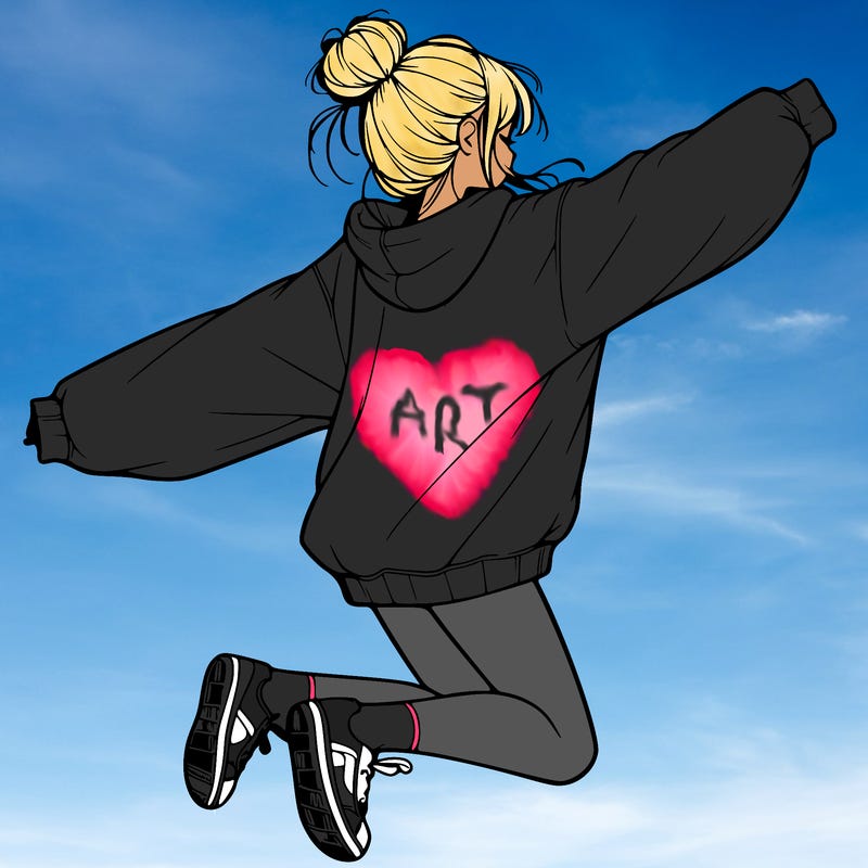 realistic girl jumping with a bun and oversized sweatshirt