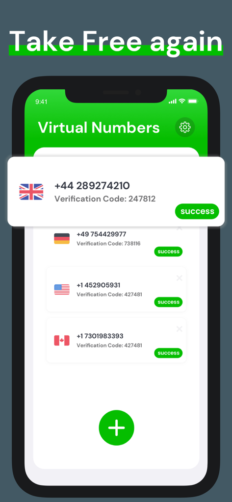 Smartphone app screen displaying a list of international virtual phone numbers with successful verification codes for UK Germany USA and Canada