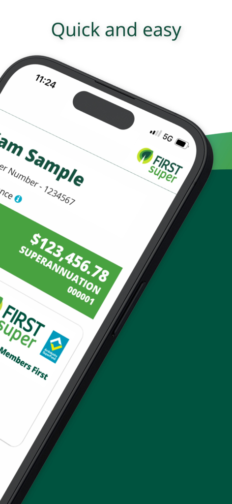 First Super - Mobile phone screen showing First Super retirement fund balance and dashboard