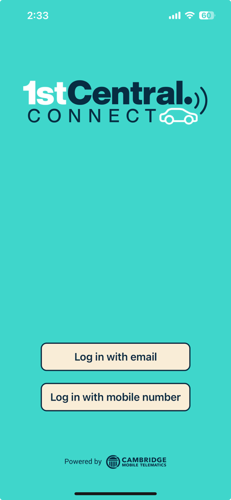 Schermata di accesso dell'app 1st Central Connect con opzioni per accedere tramite email o numero di cellulare