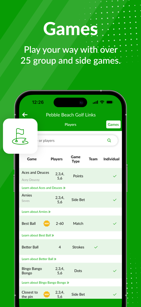 Interfaz de la aplicación Beezer Golf mostrando una lista de varios juegos paralelos de golf y opciones de apuestas