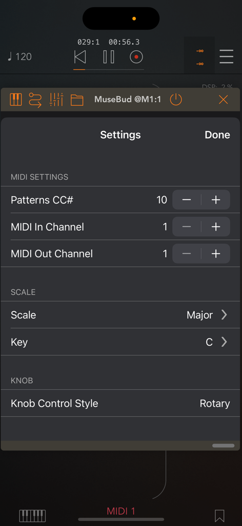 MuseBud - AUv3 MIDI Generator - Settings screen of the MuseBud AUv3 MIDI Generator app showing MIDI configuration, scale, and key selection.