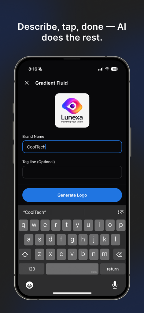 LogoGenie - AI Logo Generator - iPhone screen showing LogoGenie app interface for entering a brand name and tagline to generate an AI logo
