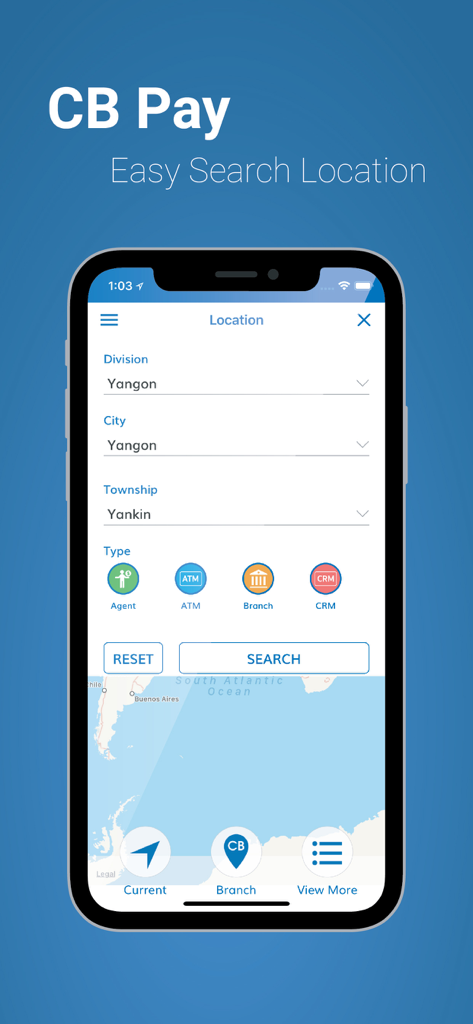 CB Pay - CB Pay mobile app location search screen for bank branches and ATMs