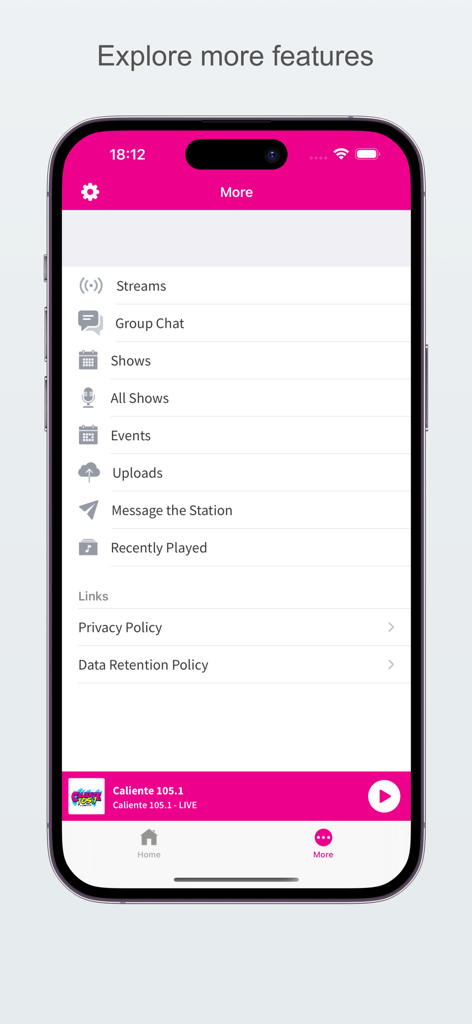 Caliente 105.1 - Tela do menu do aplicativo de rádio Caliente1051 mostrando transmissões, programas e eventos