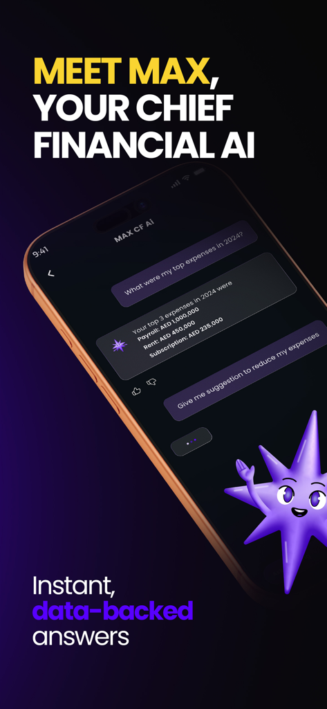 Metric app screenshot showing the AI financial assistant Max answering business expense questions