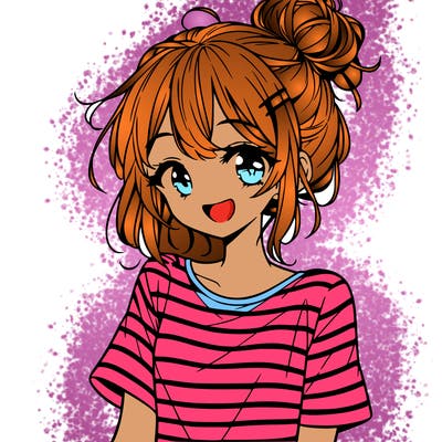 anime girl teenager striped shirt and smile and messy bun