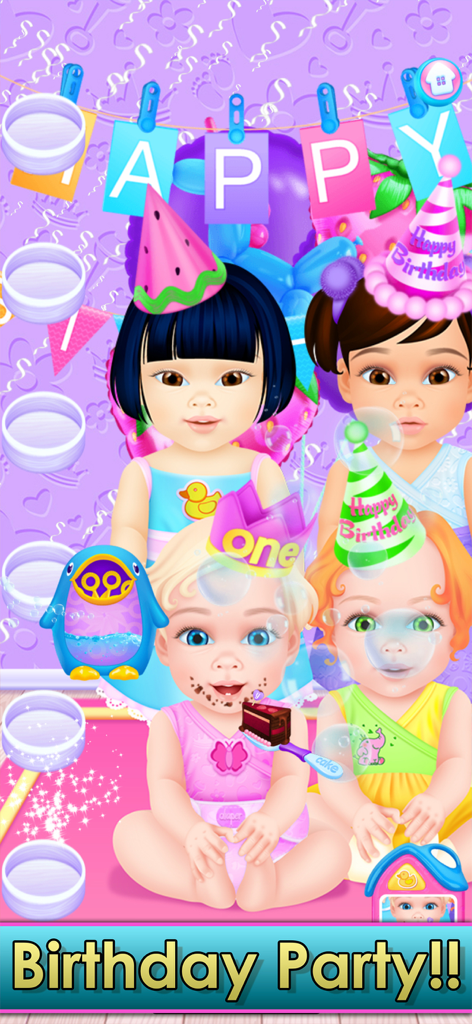Baby & Family Simulator Games - 가상 시뮬레이터 게임에서 파티 모자, 케이크, 비눗방울과 함께 생일 파티를 축하하는 네 명의 아기