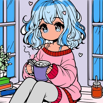 cute anime girl reading book and drinking hot chocolate from mug with loose wavy hair wearing a baggy sweatshirt and shorts sitting by windowsill looking out