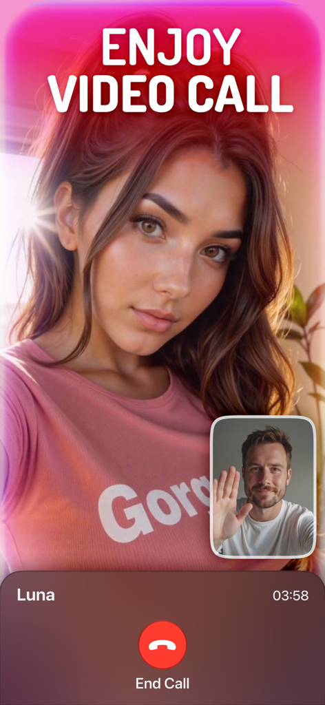 AI Girlfriend Chat: Jessy - A mobile app screenshot showing a simulated video call between a man and an AI girlfriend named Luna.