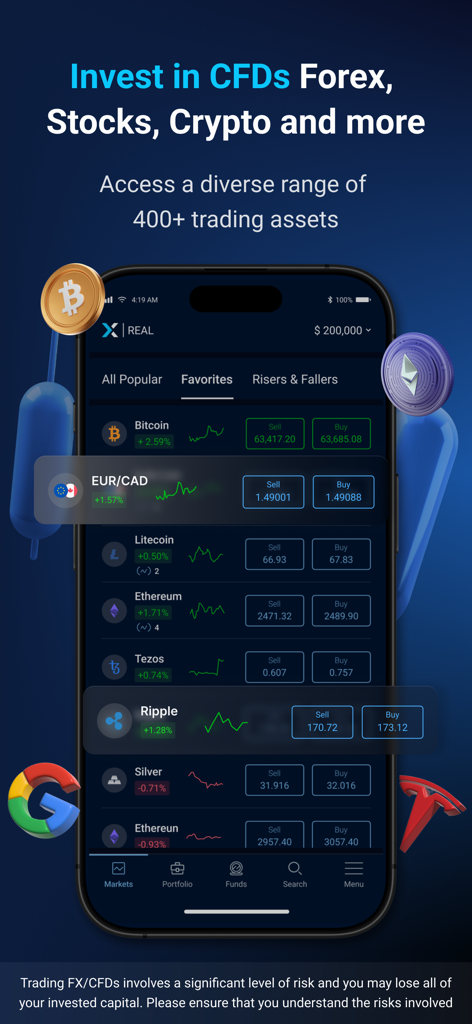 Xtrade - Online Trading - Xtrade mobile app interface showing various trading assets including forex stocks and cryptocurrencies