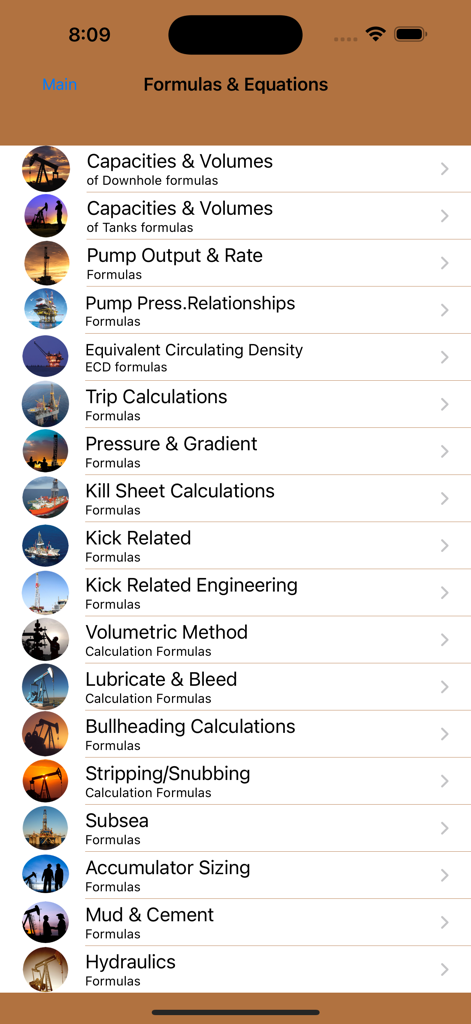 A list of petroleum engineering formulas and drilling calculators in the app menu