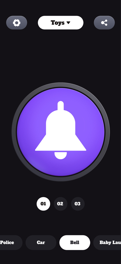 Dog Barking App - Barks & Toys - A purple circular button with a white bell icon in the toys section of the Dog Barking App.