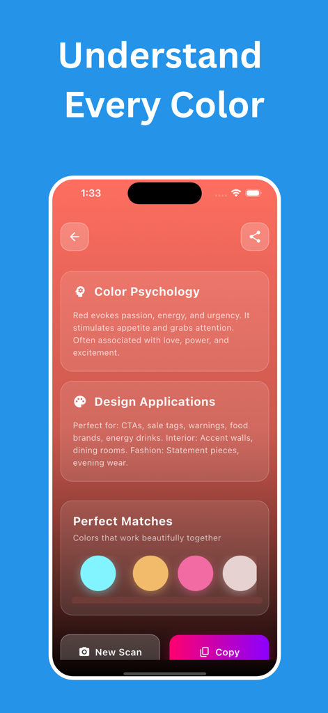 색상 심리학을 설명하고 일치하는 색상 팔레트를 제안하는 모바일 앱 인터페이스.