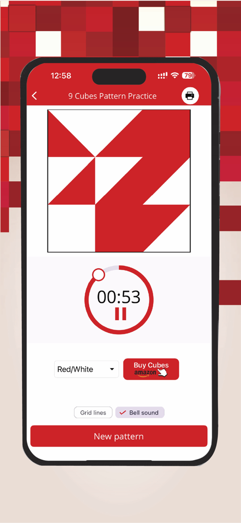 Block Design Test Practice - A mobile app screen showing a red and white 9-cube pattern practice with a countdown timer for IQ test preparation.