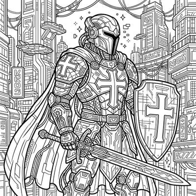 Step into a thrilling fusion of history and future with this unique Cyberpunk Knights Templar coloring page. Featuring intricate robotic armor and a neon-lit cityscape, it's a journey into a world where ancient orders meet advanced technology.