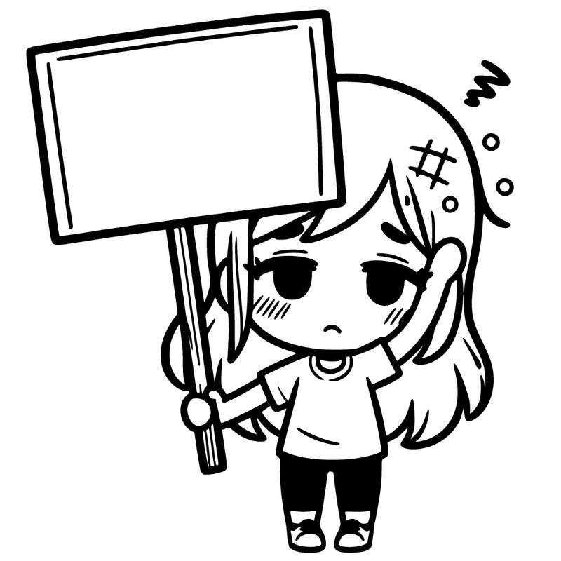 tired girl holding up a sign