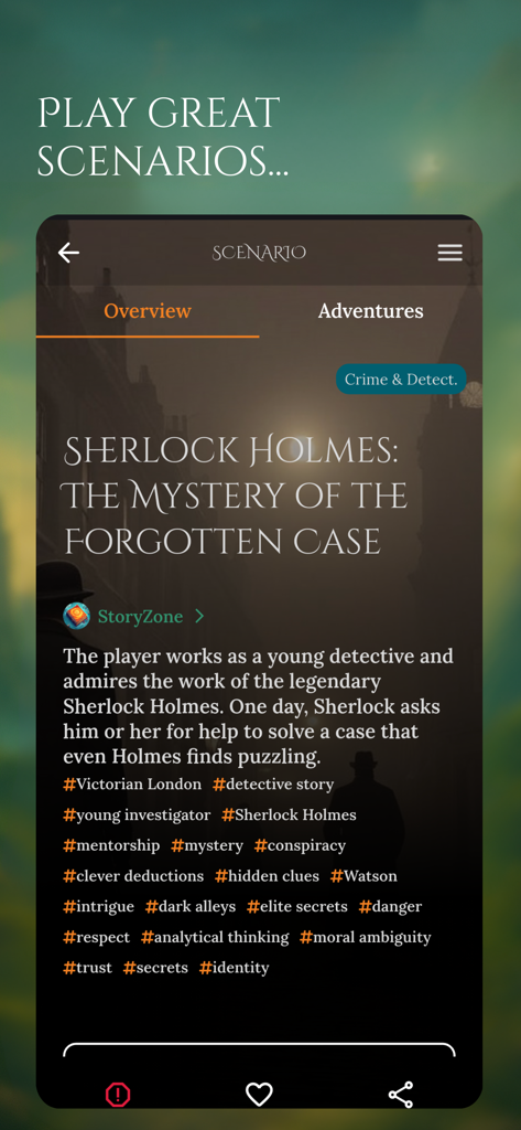StoryZone app interface displaying a Sherlock Holmes detective mystery scenario overview.