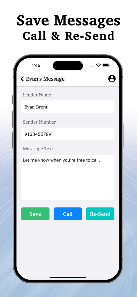Chat Backup app interface for saving and managing messages with options to call and resend
