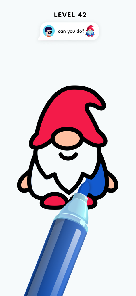 A hand using a blue marker to color a garden gnome character in the Color Page ASMR app.