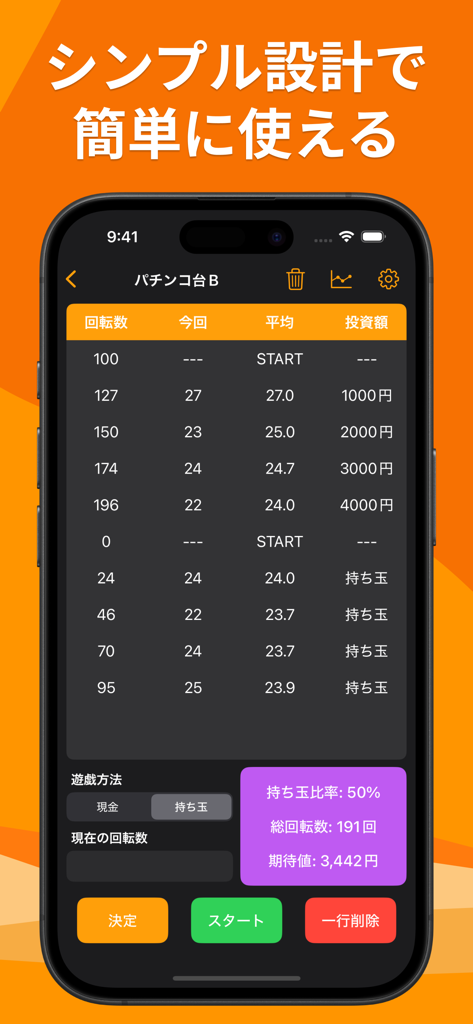 パチンコの回転数と財務計算の表を表示するぱちチェックアプリのインターフェース