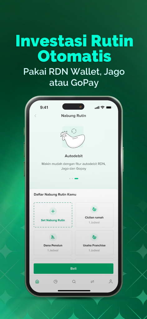 Interface of the Bibit app showing the automatic routine investment and savings feature
