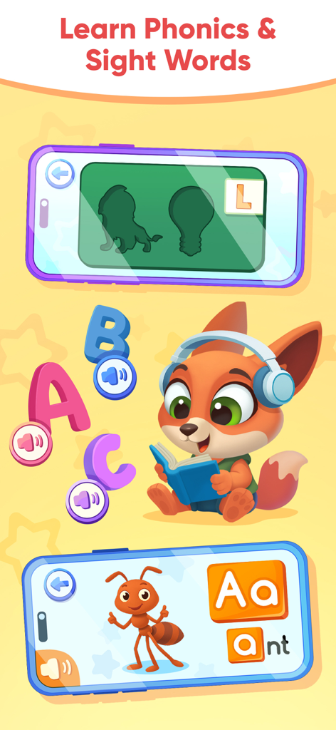 ABC Learning Games for Kids 3+ - Pantalla de aplicación educativa que muestra juegos de fonética y palabras de uso frecuente con un personaje de zorro lector