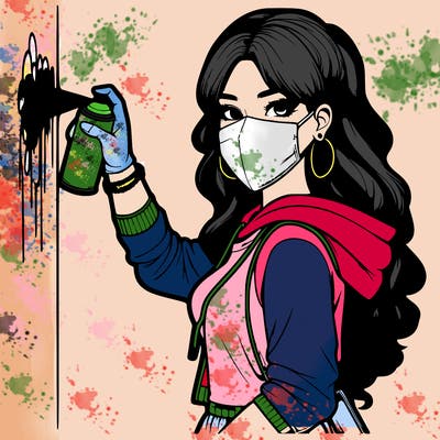 realistic girl with mask spray painting a wall