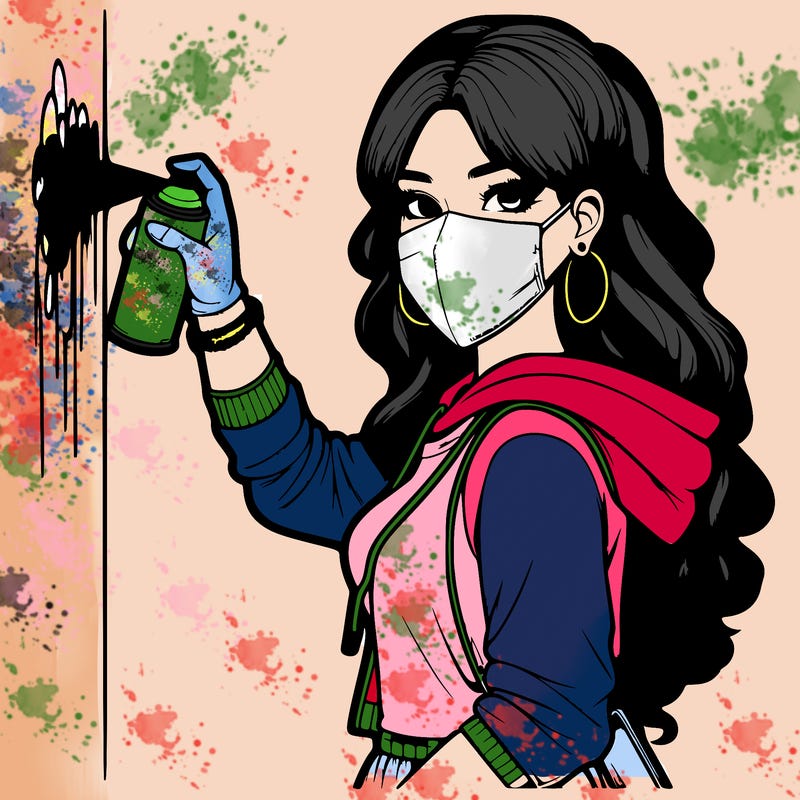 realistic girl with mask spray painting a wall