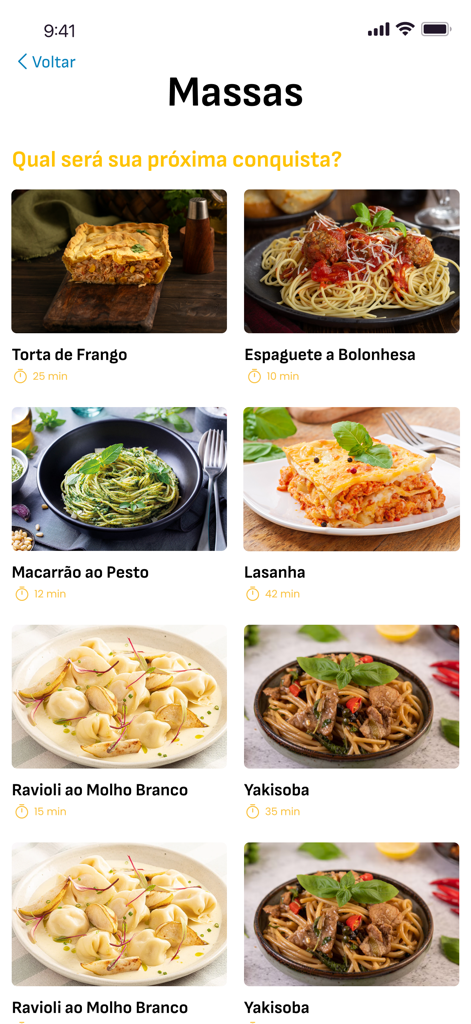 Conquistas na Panela - Pasta recipe menu in the Conquistas na Panela app showing various dishes and preparation times