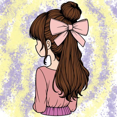 realistic girl  with hip length hair a bun and a big bow on the back of head